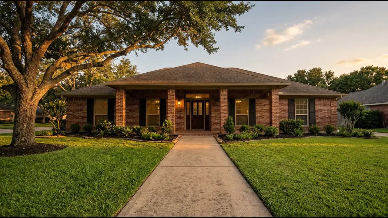 Brick home in Houston at sunset